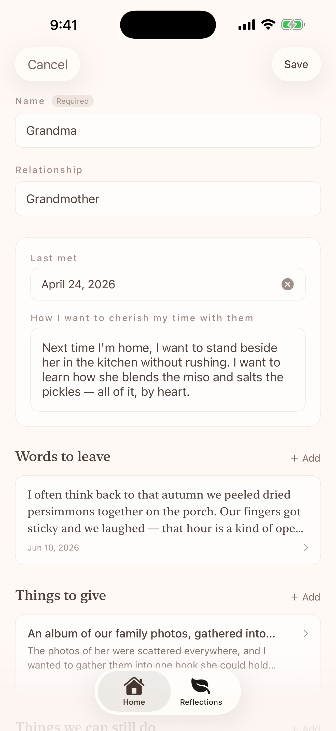 A screen for recording words and things for one person