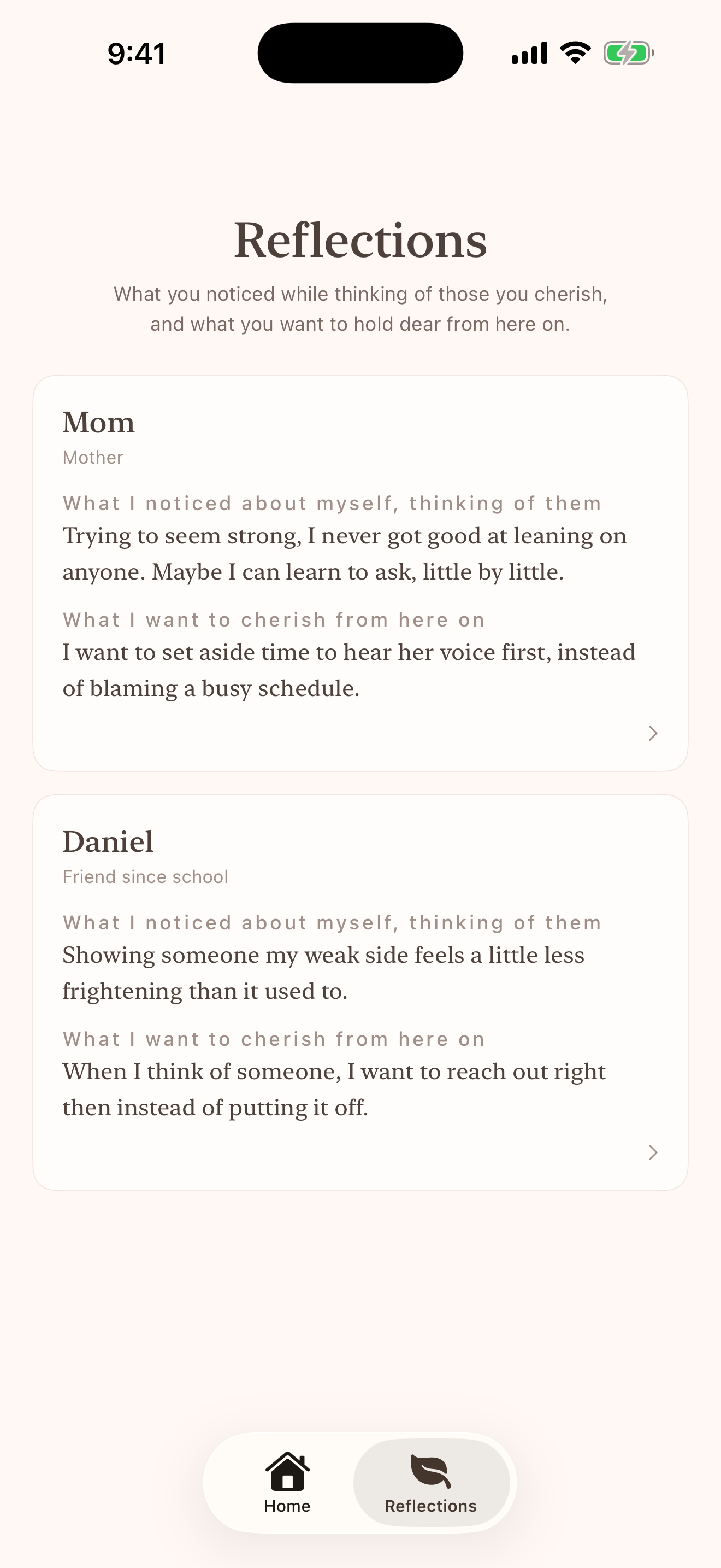 Reflections screen gathering personal insights